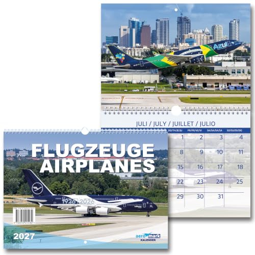 Flugzeugkalender 2027 Wandkalender im DIN A4 Format (ausgeklappt DIN A3) mit Kalendarium als Familienplaner Flugzeug Kalender für Planespotter Flugzeuge von Airbus Boeing als Geschenk zu Weihnachten