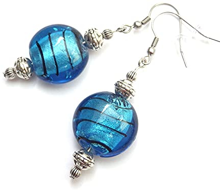 Venezia Edelstahl Ohrringe mit flachen blauen Murano Glasperlen