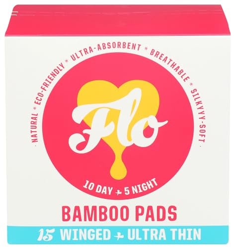 FLO Organic Bamboo Sanitary Towels with Wings – Ultra-Thin, Soft, Absorbent Period Pads for Leak-Proof Protection – 10 Day & 5 Night Combo Pack
