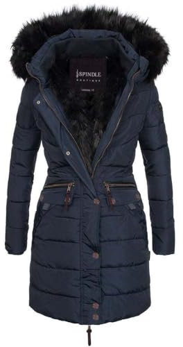 Spindle Women’s Designer Warm Winter Parka Quilted Hooded Long Coat Jacket- Fleece Lined Body Zip Pockets UK 12/ US 10/ AUS 14/ EU 40/ Medium Blue