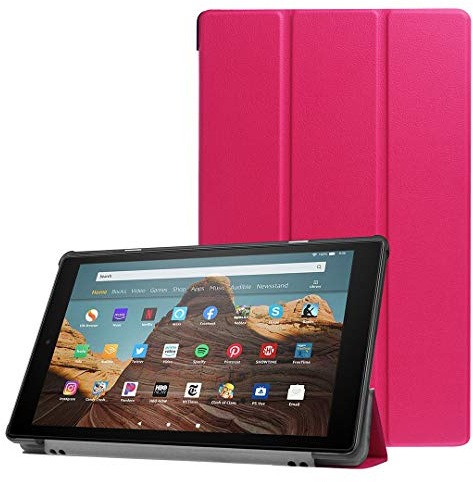 SATURCASE Case for Amazon Fire HD 10 2019 Released (9th Generation), PU Leather Flip Foldable Folio Stand Protective Tablet Cover with Auto Sleep/Wake Function (Rose)