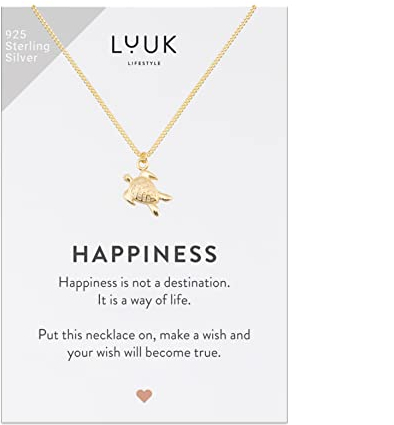 LUUK LIFESTYLE Halskette und HAPPINESS Geschenkkarte, 925er Sterlingsilber, mit Schildkrötenanhänger, Schmuck für den Alltag, Strand, Sommer, tropisches Motiv, wasserfest und alltagstauglich, Gold