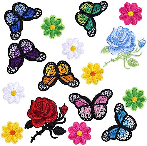 VETPW 16 Pièces Fleur Broderie Patch Thermocollant, Papillon Broderie Autocollant Patchs a Repasser Rose Stickers Ecusson à Coudre pour Vêtements, Sacs à Dos, Jeans, Chapeaux, Réparation et Décoration