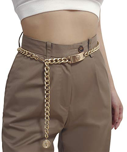 LumiSyne Mode Kettengürtel Für Damen Vintage Löwenstatue Gürtelschnalle Porträt Anhänger Einstellbarer Längen Gold Metallgürtel Geschnitzte Taillenkette Hüftgurt Kleid Gürtel Körperkette