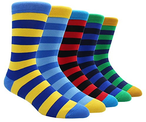 TOEJYJ Mens Fun Dress Socks, Pattern Funny Casual Socks Pack, Colorful Striped Cotton Novelty Socks Size 10-13 (S001)