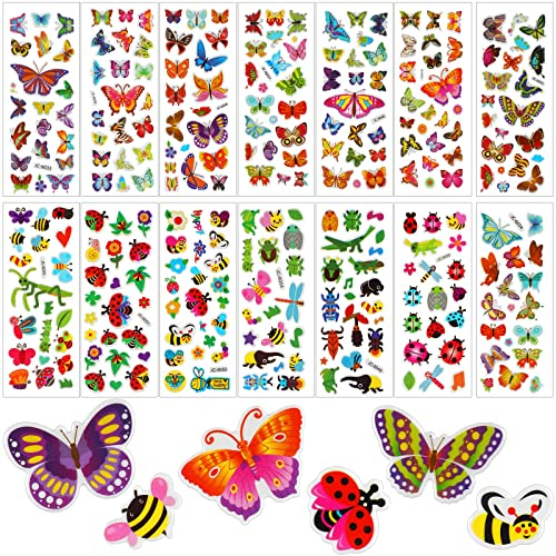 UPINS Insekten Sticker für Kinder, 14 Blätter 3D Puffy Tier Aufkleber Set