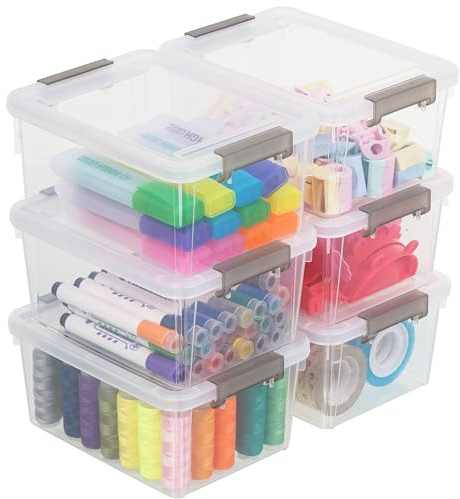 Kerhouze 6er-Set 1.2L Kleine Aufbewahrungsboxen mit Deckel, 17.5 x 13 x 8 cm, Kunststoff Kisten, Transparente Stapelboxen mit Griff, Robust Box für Küche und Schlafzimmer
