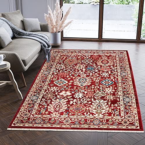 Mazovia Teppich Orientalisch Traditioneller Muster mit Fransen - Lebendige Farben, Baumwollrücken, Kurzflor Niedriger Flor - Rot Bordeaux 120 x 170 cm
