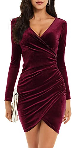 Niwicee Womens Dress Velvet Ruched Bodycon Dress V Neck Long Sleeve Wrap Dresses Mini Prom Dress Ladies Elegant Evening Dress Cocktail Party Midi Dresses(Wine Red,L)