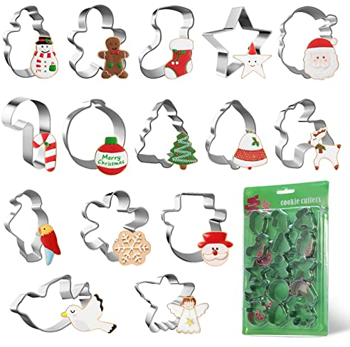 MELLIEX 15 Stück Mini Ausstechformen Weihnachten, Edelstahl Keksausstecher Weihnachtsbaum Lebkuchenmann Plätzchen Ausstecher Set für Backen