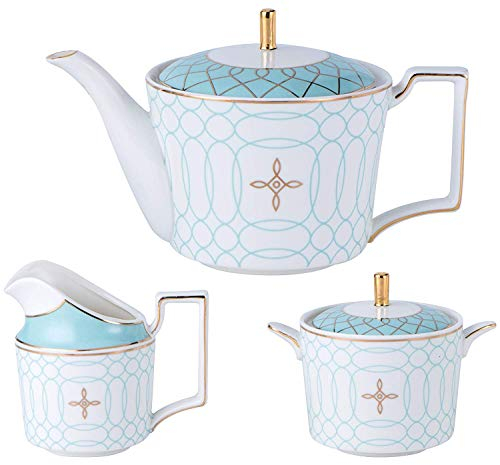 RAFCAR Einzigartiges Design Stärke Porzellan Teesets Kaffeekanne Keramik Teekanne, Milchkännchen und Zuckerdose - Gold geometrische Muster (Pink)