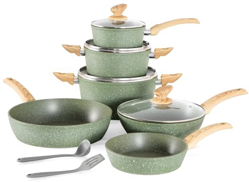 Kitchen Academy Juego de ollas y sartenes no tóxicas antiadherentes, juego de utensilios de cocina de inducción de 12 piezas, juego de ollas y sartenes antiadherentes de granito verde, libre de PFOA y