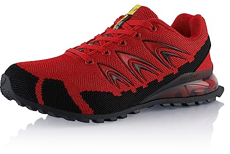 Fusskleidung® Damen Herren Wanderschuhe Dämpfung Trail Running Trekkingschuhe Rot Schwarz EU 45