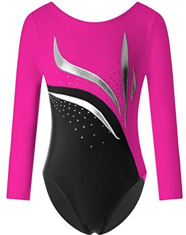 Aislor Mädchen Turnanzug Langarm Glitzer Tanzbody mit Strass Gymnastikanzug Turnkleidung Ballett Tanz Trikot Kostüm Rosa 134-140