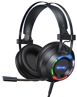 Roxel RGM-350 Wired Gaming Headset For PS5 PS4 XBOX PC LAPTOP, 7.1 Surround Sound, Adjustable Headband, RBG Lights, Adjustable Microphone, Noise Isolation