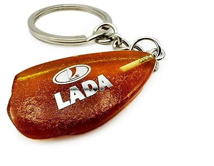 AET AUTOTEILE Naturbernstein Schlüsselanhänger Lada Logo silber natur braun gold Amur