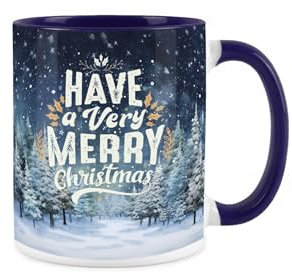 Christmas Mug - Winter Forest Christmas Trees White and Blue Tea Coffee Gift Present Mug