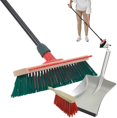 Novaliv Gartenbesen Elaston mit Kratzleiste grün/rot | Besen mit Teleskopstiel | Kehrgarnitur Elaston | Kehrblech Kehrschaufel Handfeger Straßenbesen Gartenbesen Garden Broom Strassenbesen