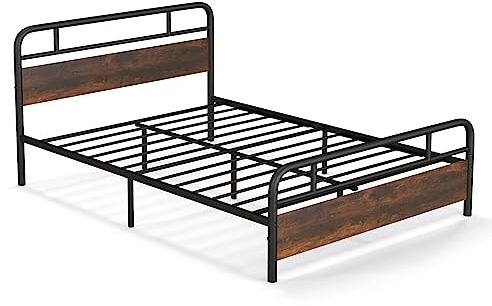 Multigot Metal Bed Frame, Industrial Single/Double/King Platform Bed with Wooden Headboard & Footboard, Heavy Duty Slat Support Bedstead for Adults Kids, No Box Spring Needed (208 x 152 x 105cm)