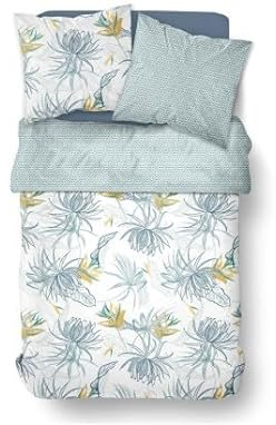 TODAY Bettwäsche für Doppelbett, Sunshine, tropischer Druck, Weiß und Blau, 220 x 240 cm