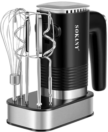 SOKANY 800W Handrührgerät Edelstahlkneter Handmixer, 5 Geschwindigkeiten mit Exit-Taste, Handrührer mit 2 Knethaken & 2 Rührbesen (SK-02001 3IN1 800W)