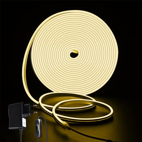 ROMANJOY Bande Led 10M Dimmable,Ruban Led Blanc Chaud 1200Leds, 24V Bandeau Led Exterieur Étanche IP65 avec Adaptateur et Variateur,Ruban Lumineuse Flexible pour le Jardin,Terrasse,Magasin,Fête