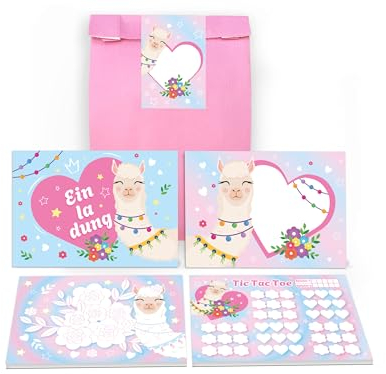 12 Einladungskarten zum Kindergeburtstag Einladung Geburtstag Mädchen Motiv Tiere Kamel Lama Alpaka Gastgeschenk Mitgebsel inkl. 12 Umschläge, 12 Tüten, 12 Aufkleber, 12 Mandalas, 12 Tic Tac Toe