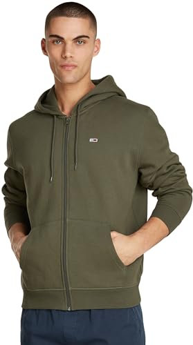 Tommy Jeans Herren Hoodie mit Reißverschluss Flag Zip Thru mit Kapuze, Grün (Fatigue Green), M