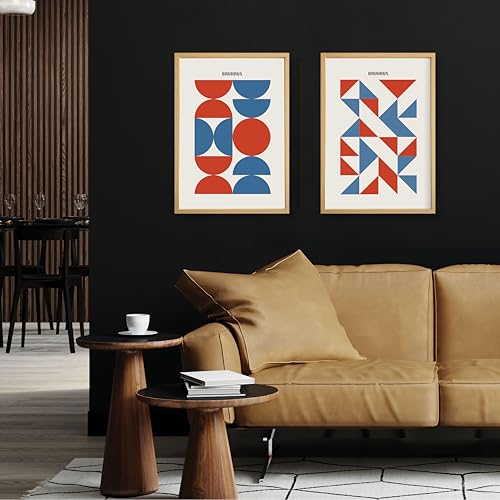Studio Moien Bauhaus Blue Modern Set mit Eichenrahmen - 2 Set of A3 Posters Wandbilder for Zuhause, Küche, Büro, Schlafzimmer, Wohnzimmer