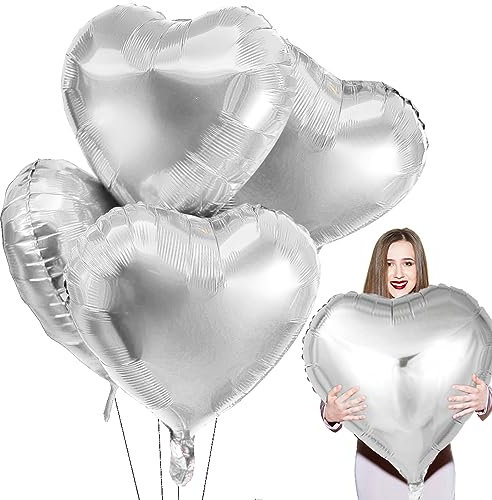 Herz Folienballon Silber 4PCS, 32 Zoll Herzluftballons Hochzeit, XXL Folienballons Herz, Herzluftballons Helium, Herzform Folienluftballon Geeignet für Geburtstag Hochzeit Dekoration