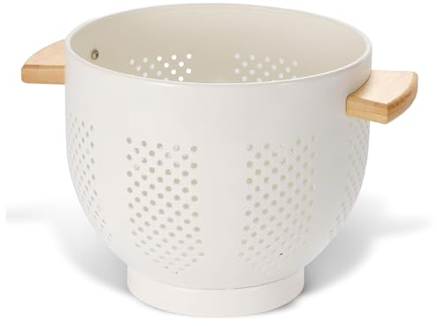 Metal Colander with Wood Handle and Stable Base, 5.5 Quart Powder Coated Steel Kitchen Strainer Basket for Draining Pasta, Vegetable and fruit,Cream