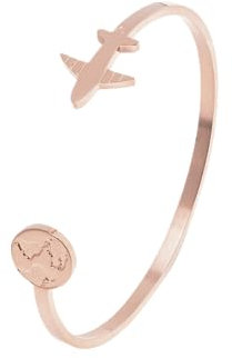 Bracciale Rigido da Donna con Aereo e Mappamondo in Acciaio Inox - Bracciale con Mondo ideale come idea regalo per chi ama viaggiare - Modello Hanoi (Oro Rosa Satinato)