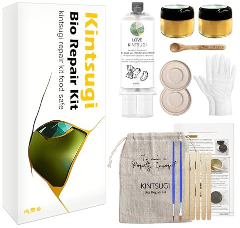 Kit de reparación Bio Kintsugi dorado, seguridad alimentaria Kintsugi, repara tu cerámica significativa con pegamento Bio Kintsugi, apto para lavavajillas, perfecto para principiantes, trae arte