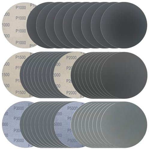 6 Inch 50 Pcs Wet Dry Sanding Discs Hook and Loop, 1000 1500 2000 3000 5000 Assorted Grit Waterproof Sandpaper Silicon Carbide for Random Orbital Sander, Automotive Wood Metal Polishing & Sanding