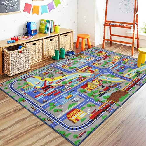 Capslpad Kinder Spielmatte 160x100cm rutschfest Stadtplan Spielplatz Teppich Waschbar Auto Spielmatten Kurzflor Stadtleben Lernen Bildungsbereich Teppich für Kinderzimmer Spielzimmer Dekor, Blau
