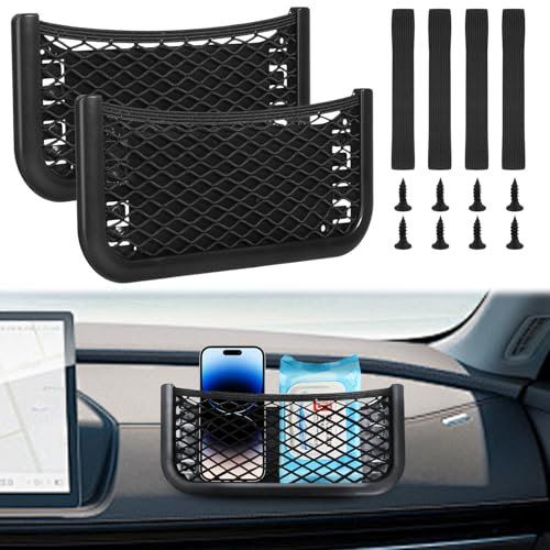 XHYASD 2 Stück Auto Aufbewahrungsnetz, Selbstklebendes Autonetz, 26 x 12cm Auto Netztasche, Elastisch Ablagenetz mit Gummiband und Schraube für Mobiltelefone, Kleinteile und Ablage an der Sonnenblende