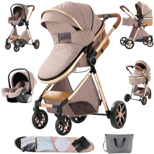 Sianldcone Kinderwagen 3 in 1, Hochwertige Stoffe Kinderwagen Set, Zwei-Wege-Schiebefunktion Reisesysteme, Offene Sicht Kombikinderwagen 3 in 1 Komplettset (V9 Khaki)