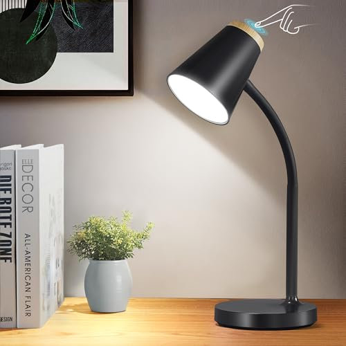 GyroVu Lampe de Bureau LED avec Variateur Tactile - Lampe de Lecture Réglable pour Études, Col Flexible 360°, Éclairage Dimmable pour Maison/Bureau/Dortoir, Noir