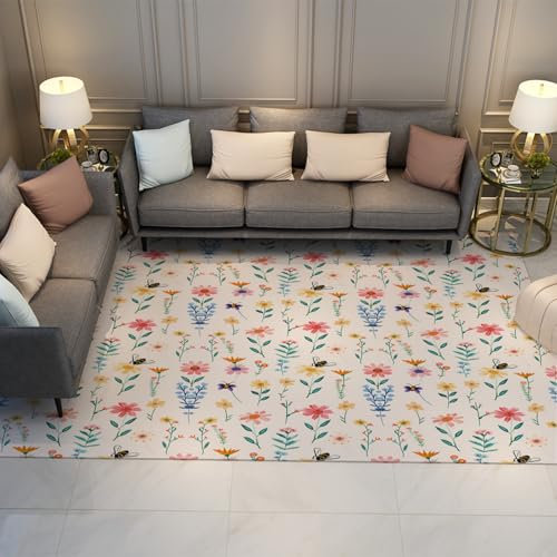 BYLEEHOMED Maschinenwaschbarer Wildblumenteppich 120x180cm Ländlicher Rutschfester wiederverwendbarer Teppich im Landhausstil für Wohnzimmer-Esszimmer-Dekor