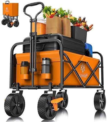 KESSER® Bollerwagen faltbar Handwagen Transportkarre max. 150kg Tragkraft & 360° PVC-Reifen Gerätewagen inkl. 2 Netztaschen, Seitentasche & Abdeckung Transportwagen Gartenanhänger ohne Dach, Orange