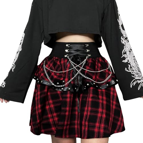 YINGWIN Damen Minirock Hohe Taille Schicht Rüschen Faltenrock Emo Kleidung Y2K A Linie Basic mit Kette