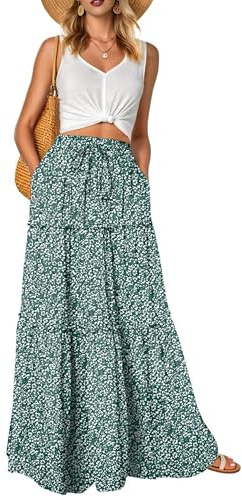 QIXING Womens Boho Skirts High Waisted Flowy Maxi Summer Skirts Trendy Floral Cute Long Skirts with Pockets