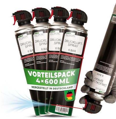 KOKA Druckluftspray 6 Bar – 4 × 600 ml Druckluft Dose | compressed Air Duster | Pressluft & Luftdruckspray Set – Anti-Staub Cleaner für PC-Reinigung, Tastatur, Keyboard & Elektronik