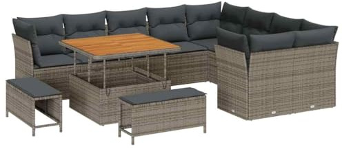 vidaXL 12-teiliges Garten-Sofa-Set mit Kissen aus grauem Rattan für 5 Leute, abnehmbar, modernes Garten-Sitzmöbel für Balkon oder Terrasse, Poly-Lounge Versammlung Freizeit