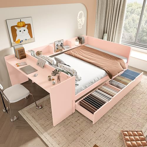 Kinderbett 140x200 mit Regale und Schreibtisch, Einzelbett mit 2 Schubladen, Tagesbett mit Lattenrost, Massivholz Kiefer Holzbett, Multifunktionsbett, ohne Matratze, Rosa