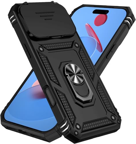 IMEIKONST for iPhone 17 Pro Max Case with Ring Kickstand Black JXT | Slide Camera Cover, Military Grade Shockproof Protective, Hard PC + TPU Bumper, Supports Magnetic Car Mount