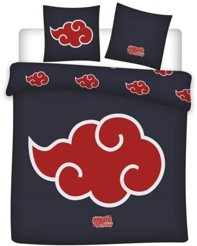 Naruto Doppelbettwäsche 240x220 + 2 Kissenbezüge 65x65 Baumwoll-Mischgewebe | Wendebettwäsche wendbar | Ikonische Akatsuki-Wolken | Starkes Grafikdesign | Offizielle Manga Lizenz
