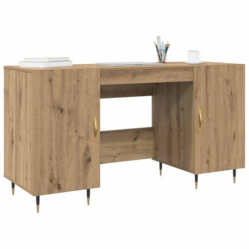 vidaXL Desk with Shelf Artisan oak 140 x 50 x 75 cm Engineered wood, Office Desk, Rectangular, Durable, Ample Storage, Industrial, Elegant Table, Contemporary Workstation, Functional Workspace