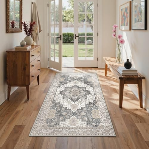 GENIMO Vintage Beige Grau Teppich Läufer Flur 80x150cm Teppichläufer | Waschbarer Teppich, Weich Rutschfest, Kurzflor im Retro, für Eingangsbereich, Badezimmer Schlafzimmer,für Flur Carpet