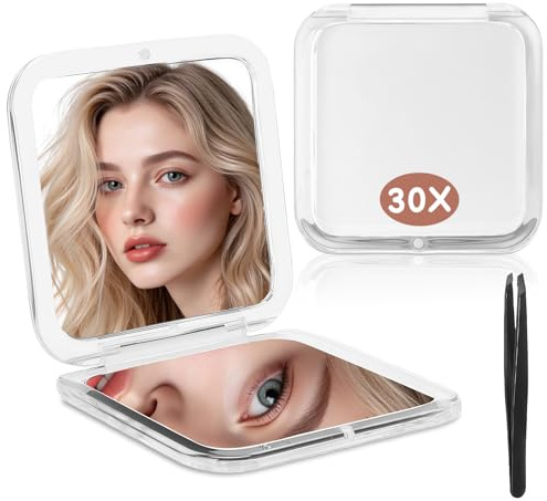 AMFUN Specchio Portatile, 30X Ingranditore Specchio per Trucco Compatto da Viaggio, Specchietto per Borse su 2 Lati Quadrato per Viaggio e Uso Quotidiano Ideale 8,5 x 8,5 cm (Bianco)